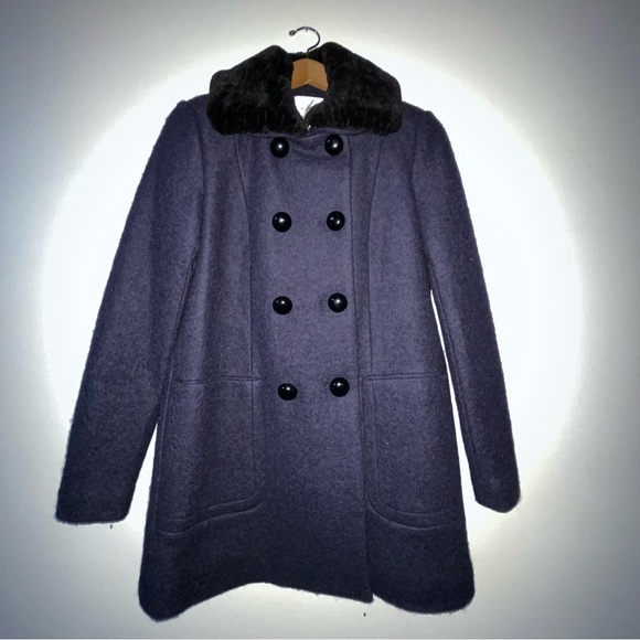 Zara navy blue double breasted peacoat detachable faux fur collar medium - Picture 5 of 9